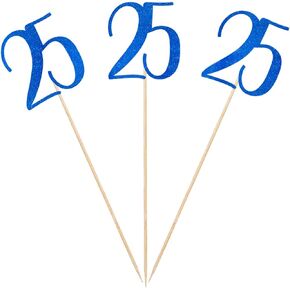 Blue Glitter 25th عيد ميلاد العصي المركزية ، 12 عبوة رقم 25 طاولة Topper الذكرى السنوية ديكورات حفل الذكرى السنوية