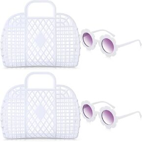 Zubebe 4 PCS Jelly Bags Basket Basket Gift Basket Girls Beach Bag for Kids Jelly Presh with Flower Glasses for Bridal Teacher Gift Kids Party Accessories (Pink)