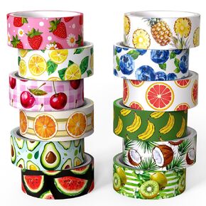 12 Rolls Fruit Themed Washi Tape Set, Colorful Floral Plants Decorative Tape Tropical Fruits Masking Tape for Journaling Supplies, Junk Journal, Scrapbooking, DIY Arts & Crafts,Gift Wrapping