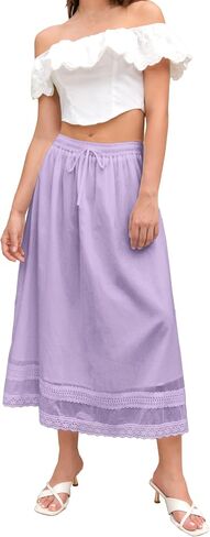 SANGTREE Women's Lace Cotton Linen Midi Skirt High Waisted A Line Flowy Swing Boho Long Skirts in Saudi Arabia