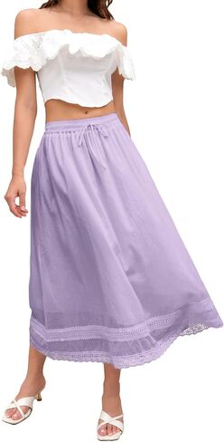 SANGTREE Women's Lace Cotton Linen Midi Skirt High Waisted A Line Flowy Swing Boho Long Skirts in Saudi Arabia