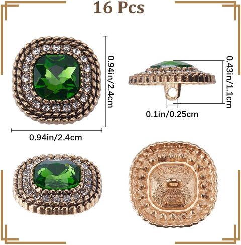 Gorgecraft 16pcs أزرار شانك رينستون 24 ملم أزرار الزمرد الفاتحة الفاتحة مربعة مربعة قطع أحجار الرهان خمر أزرار معطف المعادن المعدنية المجوفة للزيو in Kuwait