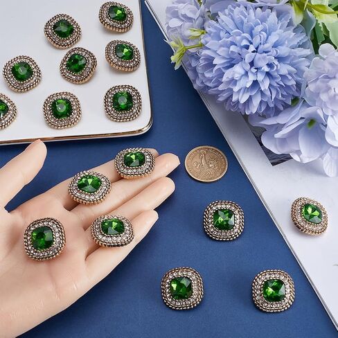 Gorgecraft 16pcs أزرار شانك رينستون 24 ملم أزرار الزمرد الفاتحة الفاتحة مربعة مربعة قطع أحجار الرهان خمر أزرار معطف المعادن المعدنية المجوفة للزيو in Kuwait