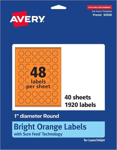 Avery Printable Round Labels with Sure Feed Technology, 1" Diameter, Bright Orange Labels, Print-to-The-Edge, Laser/Inkjet, 480 Total, Great for Price Stickers and Mailing Seals in Kuwait