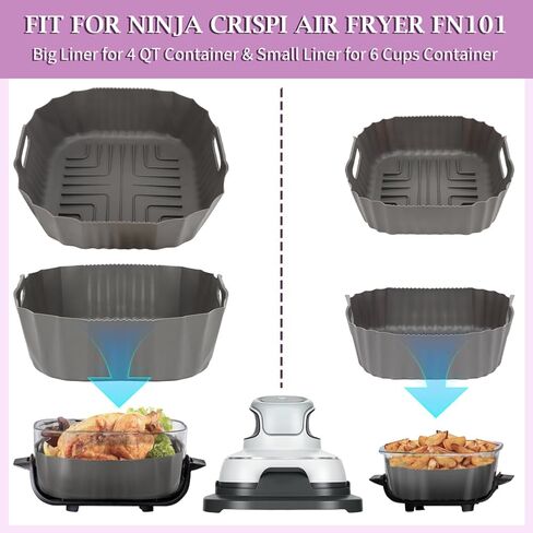 YQL 2PCS Silicone Air Fryer Liners for Ninja Crispi FN101 Air Fryer, Non-Stick Reusable Accessories Basket for Portable Glass Air Fryer, Big Liner for 4 QT Container & Small Liner for 6 Cups Container in Kuwait
