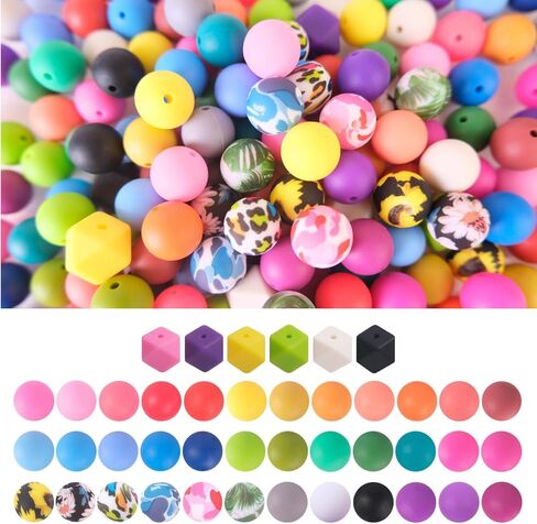 180 Pcs Silicone Beads, 15mm 36 Colors Silicone Beads for Keychain Making, Round Polygon Beads and Floral Print Beads for DIY Crafts, Pens, Necklaces, Bracelet Accessories (Dark Colors) in Saudi Arabia