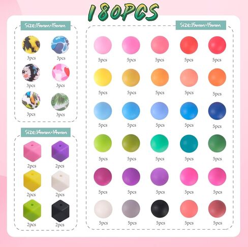 180 Pcs Silicone Beads, 15mm 36 Colors Silicone Beads for Keychain Making, Round Polygon Beads and Floral Print Beads for DIY Crafts, Pens, Necklaces, Bracelet Accessories (Dark Colors) in Saudi Arabia