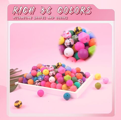 180 Pcs Silicone Beads, 15mm 36 Colors Silicone Beads for Keychain Making, Round Polygon Beads and Floral Print Beads for DIY Crafts, Pens, Necklaces, Bracelet Accessories (Dark Colors) in Saudi Arabia
