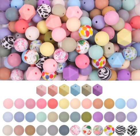 180 Pcs Silicone Beads, 15mm 36 Colors Silicone Beads for Keychain Making, Round Polygon Beads and Floral Print Beads for DIY Crafts, Pens, Necklaces, Bracelet Accessories (Dark Colors) in Saudi Arabia