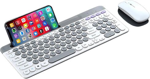 Wireless Keyboard and Mouse Combo with Phone Tablet Holder, Rechargeable Dual-Mode (Bluetooth 5.0 and 3.0 +2.4G) Multi-Device Silent Mouse for Windows, iPad, Tablet, MacOS,iOS,Android (White+Grey) in Kuwait