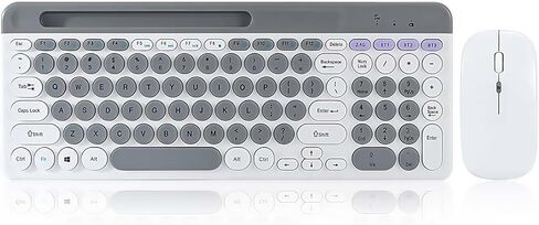Wireless Keyboard and Mouse Combo with Phone Tablet Holder, Rechargeable Dual-Mode (Bluetooth 5.0 and 3.0 +2.4G) Multi-Device Silent Mouse for Windows, iPad, Tablet, MacOS,iOS,Android (White+Grey) in Kuwait