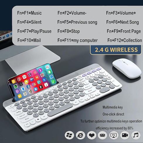 Wireless Keyboard and Mouse Combo with Phone Tablet Holder, Rechargeable Dual-Mode (Bluetooth 5.0 and 3.0 +2.4G) Multi-Device Silent Mouse for Windows, iPad, Tablet, MacOS,iOS,Android (White+Grey) in Kuwait