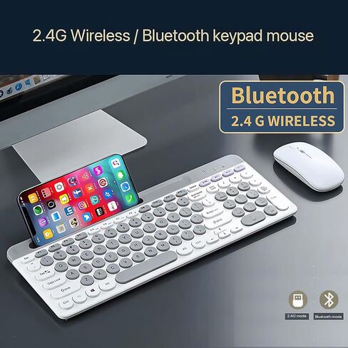 Wireless Keyboard and Mouse Combo with Phone Tablet Holder, Rechargeable Dual-Mode (Bluetooth 5.0 and 3.0 +2.4G) Multi-Device Silent Mouse for Windows, iPad, Tablet, MacOS,iOS,Android (White+Grey) in Kuwait