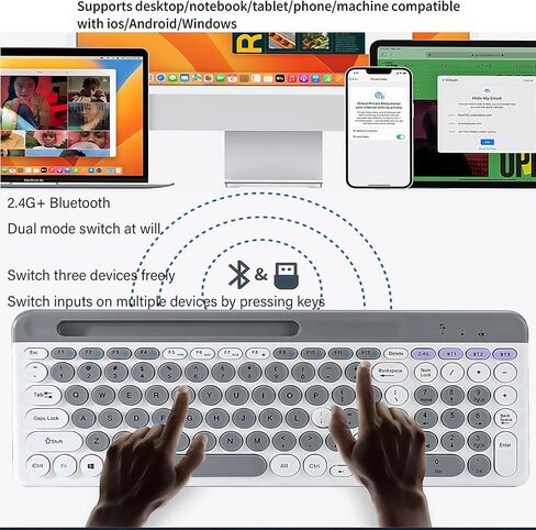 Wireless Keyboard and Mouse Combo with Phone Tablet Holder, Rechargeable Dual-Mode (Bluetooth 5.0 and 3.0 +2.4G) Multi-Device Silent Mouse for Windows, iPad, Tablet, MacOS,iOS,Android (White+Grey) in Kuwait