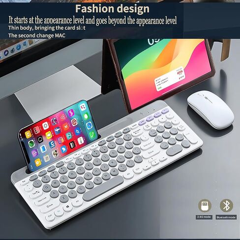 Wireless Keyboard and Mouse Combo with Phone Tablet Holder, Rechargeable Dual-Mode (Bluetooth 5.0 and 3.0 +2.4G) Multi-Device Silent Mouse for Windows, iPad, Tablet, MacOS,iOS,Android (White+Grey) in Kuwait