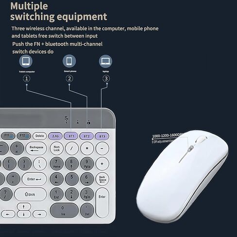 Wireless Keyboard and Mouse Combo with Phone Tablet Holder, Rechargeable Dual-Mode (Bluetooth 5.0 and 3.0 +2.4G) Multi-Device Silent Mouse for Windows, iPad, Tablet, MacOS,iOS,Android (White+Grey) in Kuwait