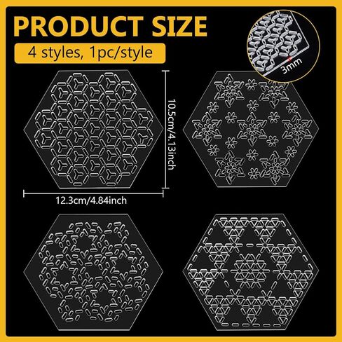 Benecreat 4pcs acrylic sashiko stencil ، هندسي مربع منتشرة سداسي الأدوات تطريز نموذج خط السحب لخط خط خياطة يدوية والتطريز ، سميكة 3 مم in Kuwait