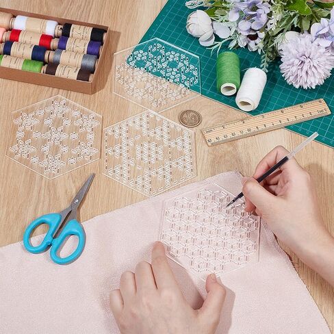 Benecreat 4pcs acrylic sashiko stencil ، هندسي مربع منتشرة سداسي الأدوات تطريز نموذج خط السحب لخط خط خياطة يدوية والتطريز ، سميكة 3 مم in Kuwait