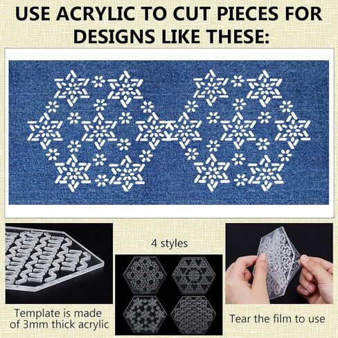 Benecreat 4pcs acrylic sashiko stencil ، هندسي مربع منتشرة سداسي الأدوات تطريز نموذج خط السحب لخط خط خياطة يدوية والتطريز ، سميكة 3 مم in Kuwait