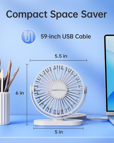 SWEETFULL USB Desk Fan Small Quiet - 3 Speeds Mini Personal Portable Fan 360° Rotation Adjustable, 5 Inch Office Table Cooling Gadgets on Desktop (Blue) in Saudi Arabia