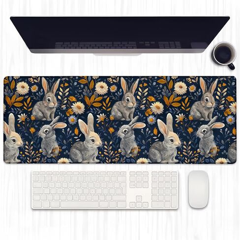 Cute Rabbit and Floral Gaming Mouse Pad, Extended Lovely Bunny Desk Mat Computer Laptop Mousepad, Robust Stitched Edges, 31.5"×11.8" Large Office Keyboard Mouse Pads for Home Desktop Decor in Saudi Arabia