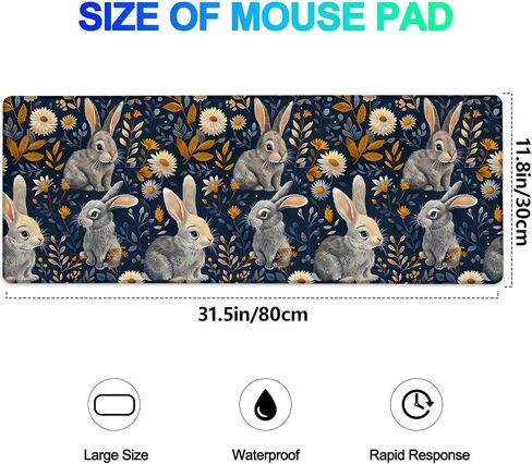 Cute Rabbit and Floral Gaming Mouse Pad, Extended Lovely Bunny Desk Mat Computer Laptop Mousepad, Robust Stitched Edges, 31.5"×11.8" Large Office Keyboard Mouse Pads for Home Desktop Decor in Saudi Arabia