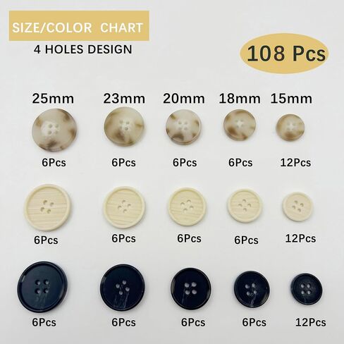 108 Pcs Mixed Color Sewing Buttons,3 Color 5 Size of Clothing Sewing Buttons, Eco-Friendly Craft Buttons, Suit Coats 4-Hole Button (Mix Color 3) in Saudi Arabia