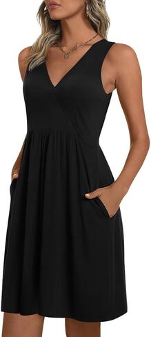 CATHY Womens Casual Sleeveless Dress V Neck Wrap Tunics Dresses Loose Comfy Beach Sundress with Pockets in Kuwait