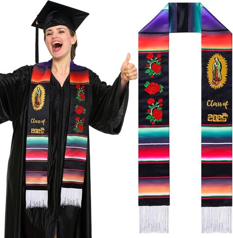 Grad Class of 2024 Mexican Graduation Stole Gift Hispanic Embroidery Mexican Graduation Sash 72'' Total Length Mexico Flag Serape Scarf with Flowers Butterflies for School Graduation's Day in Saudi Arabia