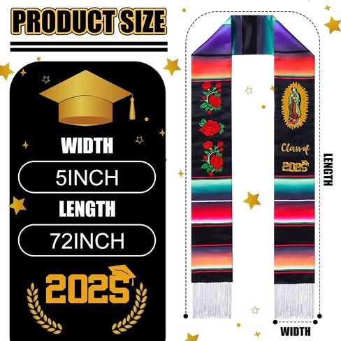 Grad Class of 2024 Mexican Graduation Stole Gift Hispanic Embroidery Mexican Graduation Sash 72'' Total Length Mexico Flag Serape Scarf with Flowers Butterflies for School Graduation's Day in Saudi Arabia