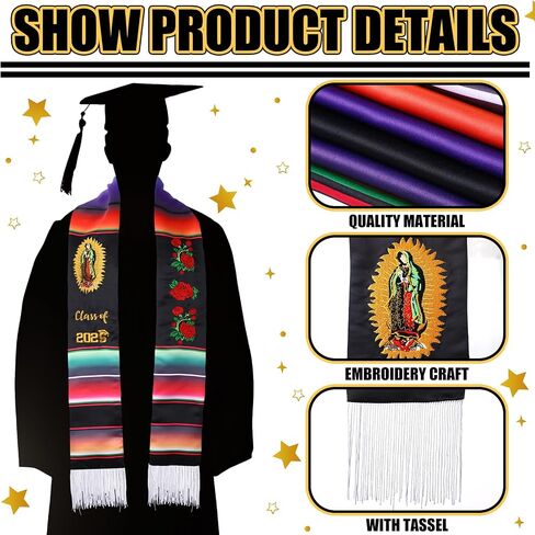 Grad Class of 2024 Mexican Graduation Stole Gift Hispanic Embroidery Mexican Graduation Sash 72'' Total Length Mexico Flag Serape Scarf with Flowers Butterflies for School Graduation's Day in Saudi Arabia