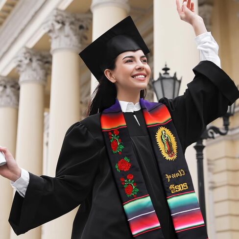 Grad Class of 2024 Mexican Graduation Stole Gift Hispanic Embroidery Mexican Graduation Sash 72'' Total Length Mexico Flag Serape Scarf with Flowers Butterflies for School Graduation's Day in Saudi Arabia