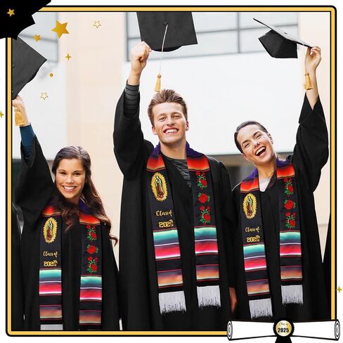 Grad Class of 2024 Mexican Graduation Stole Gift Hispanic Embroidery Mexican Graduation Sash 72'' Total Length Mexico Flag Serape Scarf with Flowers Butterflies for School Graduation's Day in Saudi Arabia