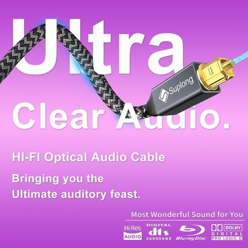 كابل صوت بصري Suplong كابل Toslink صوتي رقمي مطلي بالذهب 24 قيراط لـ [S/PDIF] LG/Samsung/Sony/Philips Sound Bar، التلفزيون الذكي، المسرح المنزلي، PS4، Xbox & Playstation (3.3 قدم، رمادي، 1) in Kuwait