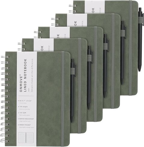 Spiral Notebooks Journal for Women Men 5 Pack Bulk Leather Hardcover with Pen Holder A5 160 Pages 100 GSM Thick Paper for Work School (Green) in Saudi Arabia