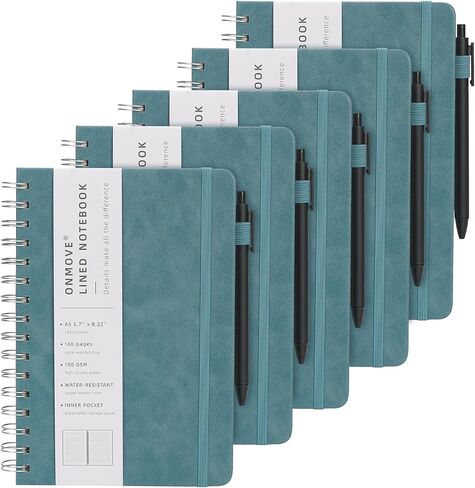 Spiral Notebooks Journal for Women Men 5 Pack Bulk Leather Hardcover with Pen Holder A5 160 Pages 100 GSM Thick Paper for Work School (Green) in Saudi Arabia