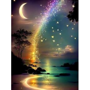 Ekuxom Moon Diamond Art Painting Kits for Adults, Star Glow in The Dark Diamond Art Kits, Full Round Rainbow Diamond Art Dots Wall Art Decor 12x16 in