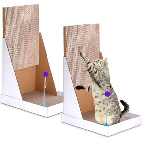 2 حزمة 27.6 "L شكل Cat Scratcher كبير لوحة الخدش من الورق المقوى العمودي مع صندوق عريض ولعبة هريرة تفاعلية ، وحماية جدار الأثاث