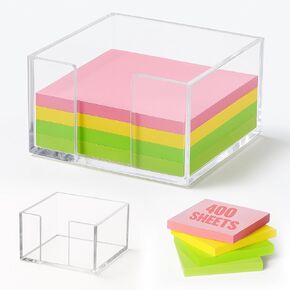2 in 1 Acrylic Sticky Note Holder with 400 Sheets 3 x 3 inch Colored Sticky Notes, Clear Acrylic Notepad Holder Memo Note Dispenser Set for School Classroom Dorm Room and Office Desk Organizer