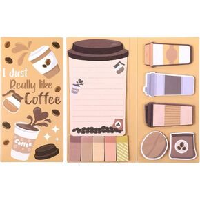 Cute Coffee Sticky Notes Set, 440 Sheets Cartoon Theme Cute Self-Stick Notes Pad Gift Writing Memo Pads Page Self-Adhesive Marker to Do Notepad Separation Tabs for Office Supplies