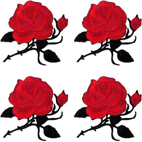 Mini Skater Small Roses Embroidered Patches Retro Floral Flower Decorative Applique Iron On/Sew On Repair Patch for DIY Craft Clothing Denim Jacket Shirt Bridal Dress Jeans Hats, 4Pcs (Red & Black)