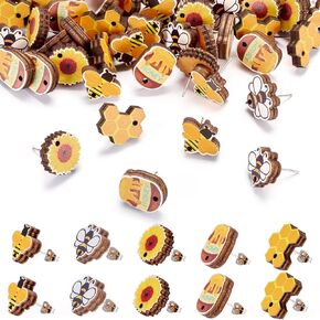 Beadthoven 8 أزواج من مواقع الأقراط ذات الأقطاب الخشبية مع حلقة ألعاب رياضية مطبوعة من الفراغات الخشبية.