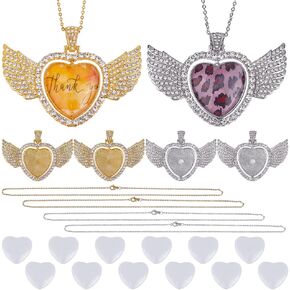 SUNNYCLUE 1 Box 24Pcs Cabochon Necklace Kit Rhinestone Pendant Trays Chrsitmas Angel Wing Heart Bezel Pendant Blank Trays with Glass Dome Blank Bezel Trays for Jewelry Making Kits DIY Crafts Gift