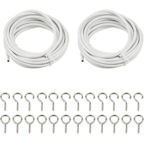 Wealrit 2 Pack 5 Meter White Curtain Wire Hanging Cord with 12 Stainless Steel Hook and Eyes