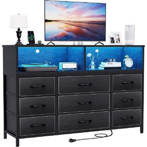 Dresser for Bedroom, 6 Drawers Led Dresser TV Stand with Power Outlets and LED Lights, Long Fabric Dressers Wide Chest of Drawers with Large Organizer Shoe Rack for Living Room, Entryway