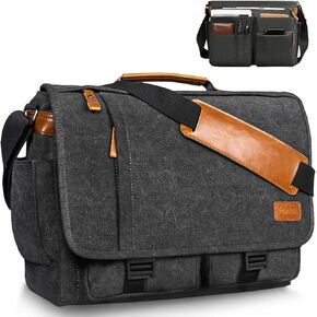 ESTARER Messenger Bag 17.3 Inch for Teacher, Mens Computer Bag Water-resistant Canvas, Laptop Bag Satchel Briefcase for College Work Travel, Dark Grey