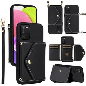 Wallet Case for Samsung Galaxy A03s US Version 5G 2022 with Wrist Lanyard Shoulder Strap, PU Leather Credit Card Holder Stand Cell Phone Cover for Ao3s A 03s SM-A037U SM A037U Women Men Green