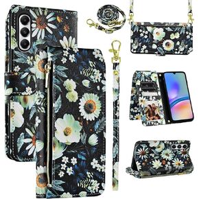 Wallet Case for Samsung Galaxy A35 5G with Detachable Wrist Strap Shoulder Strap, 9+ Card Slots Zipper Floral PU Leather Stand Card Holder Cell Phone Cover for A 35 35A A355G Women Men Pink