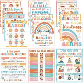 15pcs Groovy Hippie School Nurse Posters Boho Rainbow Health Bulletin Board Retro Daisy Learning Poster Classroom Decorities for Kids Back to School