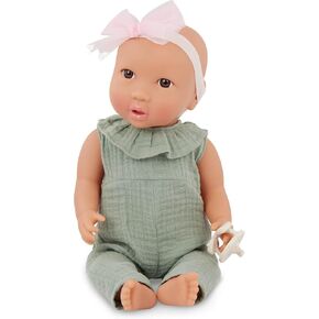 Lullababy-دمية طفل واقعية بحجم 14 بوصة-عيون داكنة بنية وجسم ناعمة-الطائر الأخضر ، عقال وعصا الإكسسوارات-التظاهر باللعب-ألعاب الأطفال الذين تتراوح أعمارهم